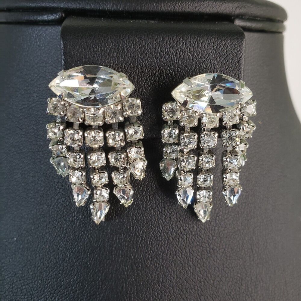 Vintage MCM Clear Rhinestone Clip On Earrings Silver Tone Dangle Atomic